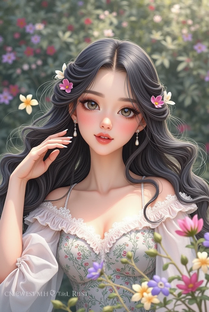a beautiful young woman with long black hair, mesmerizing eyes, full lips, detailed facial features, elegant pose, graceful movement, wearing a flowing dress, in a lush, vibrant garden setting, soft natural lighting, photorealistic, highly detailed, 4k, masterpiece