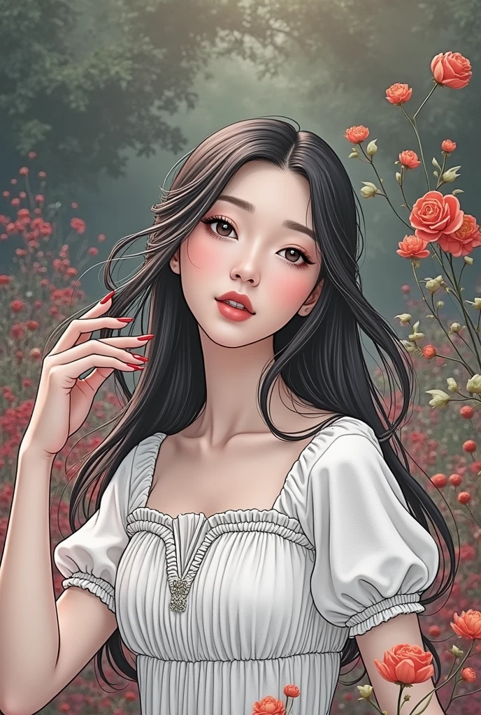 Draw a woman holding a bouquet of roses in her hand, in the art style of bowater, glossy digital painting, beautiful digital painting, elegant digital painting, digitial painting, soft digital painting, art digital painting, painting of beautiful, portrait jisoo blackpink, digital art picture, # 1 digital paintting of all time, Gorgeous digital painting