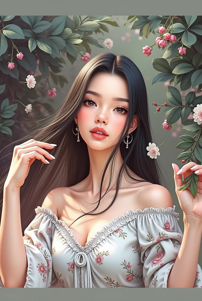 a beautiful young woman with long black hair, mesmerizing eyes, full lips, detailed facial features, elegant pose, graceful movement, wearing a flowing dress, in a lush, vibrant garden setting, soft natural lighting, photorealistic, highly detailed, 4k, masterpiece