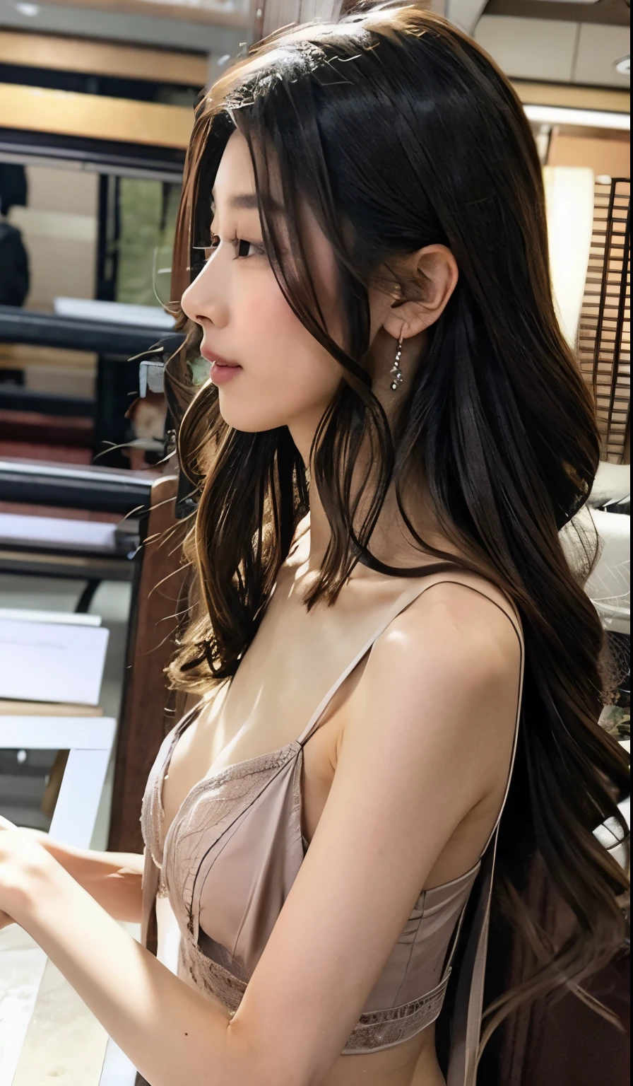 Long-haired woman wearing nude lingerie、I'm taking pictures。, Hair dyed dark brown, No makeup, Wavy Hair, nodded, Very beautiful face, Full-body profile photo from the front, Gorgeous and attractive face