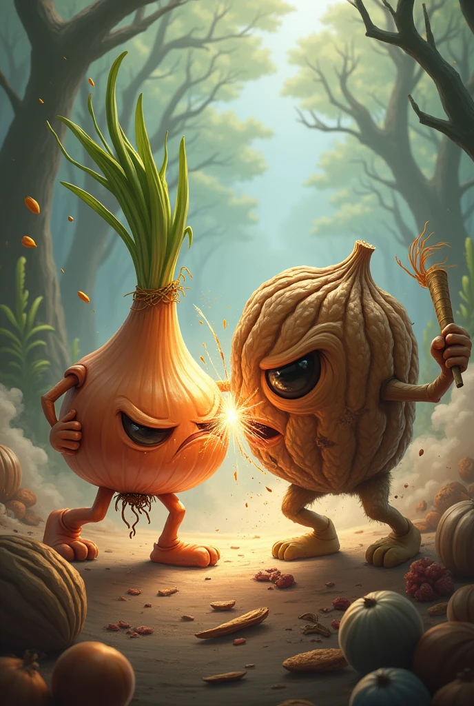 Onion fights a walnut
