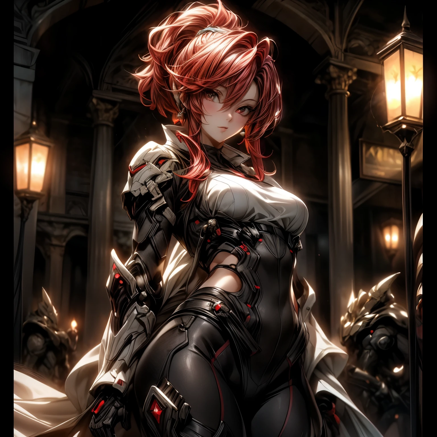 (best quality)), ((Masterpiece)), (details:1.4), 3d, HDR (high dynamic range), an image of a beautiful cyberpunk female, fantasy, Hips up, Red hair, High ponytail, beautiful white eyes, จมูกโด่ง, ปากแดง, หน้าอกใหญ่, nvidia RTX, PBR surface, After processing, Anisotropic filtration,depth of field, Maximum clarity and clarity, multi-layered surface, Subsurface scattering, perfect proportions, 8K raw files, ultra detailed, Perfect proportions, volumetric lighting, soft lighting, Holy Paladin, Light Armor, glossy skin, castle background, jewely, ต่างหู, นิ้วมือสมบูรณ์,