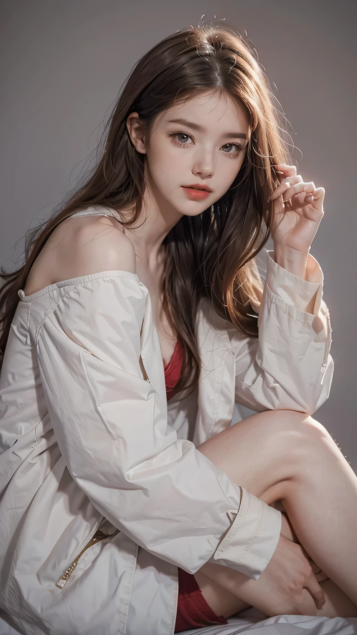 Girl wearing, luxury white coat, shoulder length hair, wavy hair, glowing skin, star in eye, red lips, grey background, cute poses