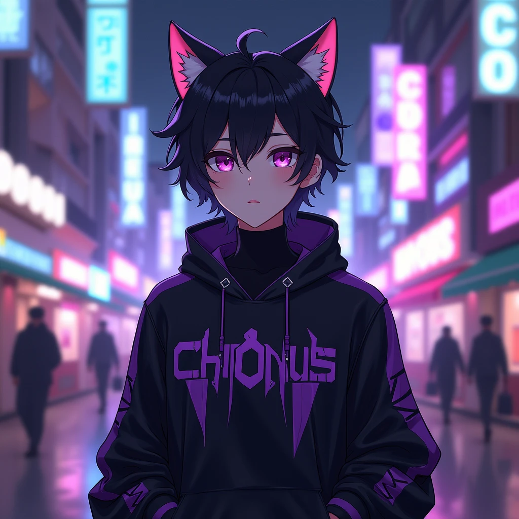 anime man wearing black and purple aesthetic outfit with cat ears and with a purple text "chronus" on his clothes, in citylights background