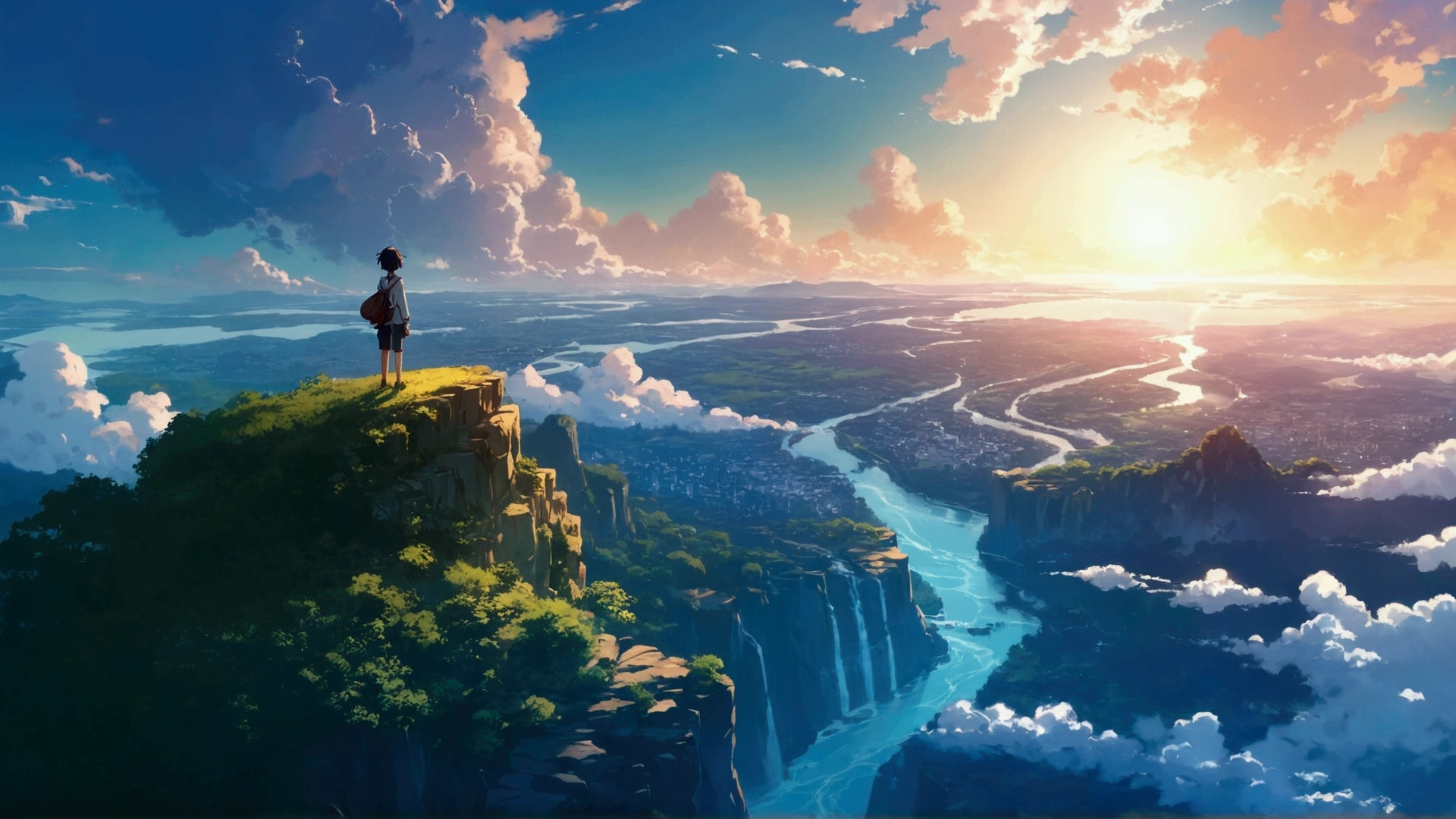 anime scenery of a cliff overlooking a river, makoto shinkai cyril rolando, beautiful anime scenery, anime landscape wallpaper, beautiful anime scene, anime art wallpaper 4 k, anime art wallpaper 4k, anime landscape, 4k anime wallpaper, anime art wallpaper 8 k, anime epic artwork, anime scenery, beautiful fantasy anime, anime wallpaper 4 k
