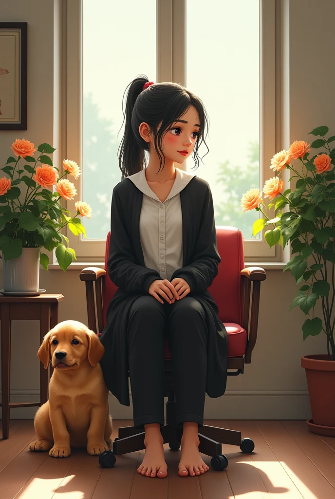 Pure 23 years nepali girl,  medium body sizesitting on revolving chair, wearing white looking forward shirt,black coat and pant, long pony black hair, golden colour puppy near the girl,flowers on pot at both side ,near window