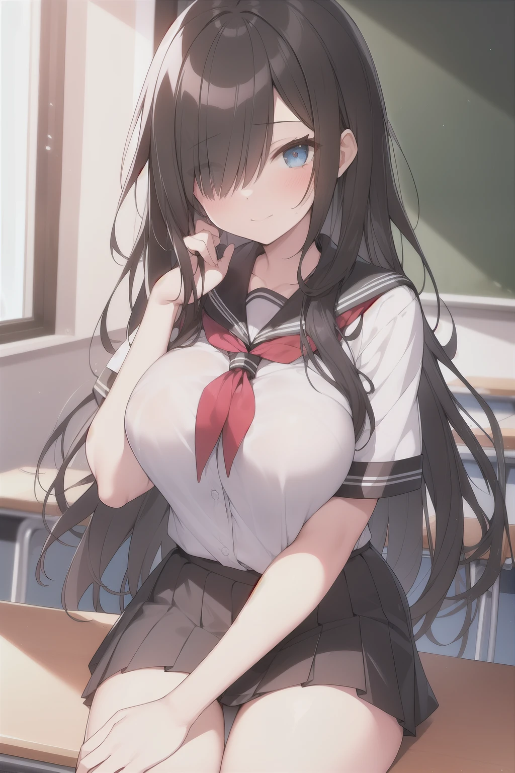 Long Black Hair,H Cup,,Sober atmosphere,One eye is hidden by hair,school uniform
