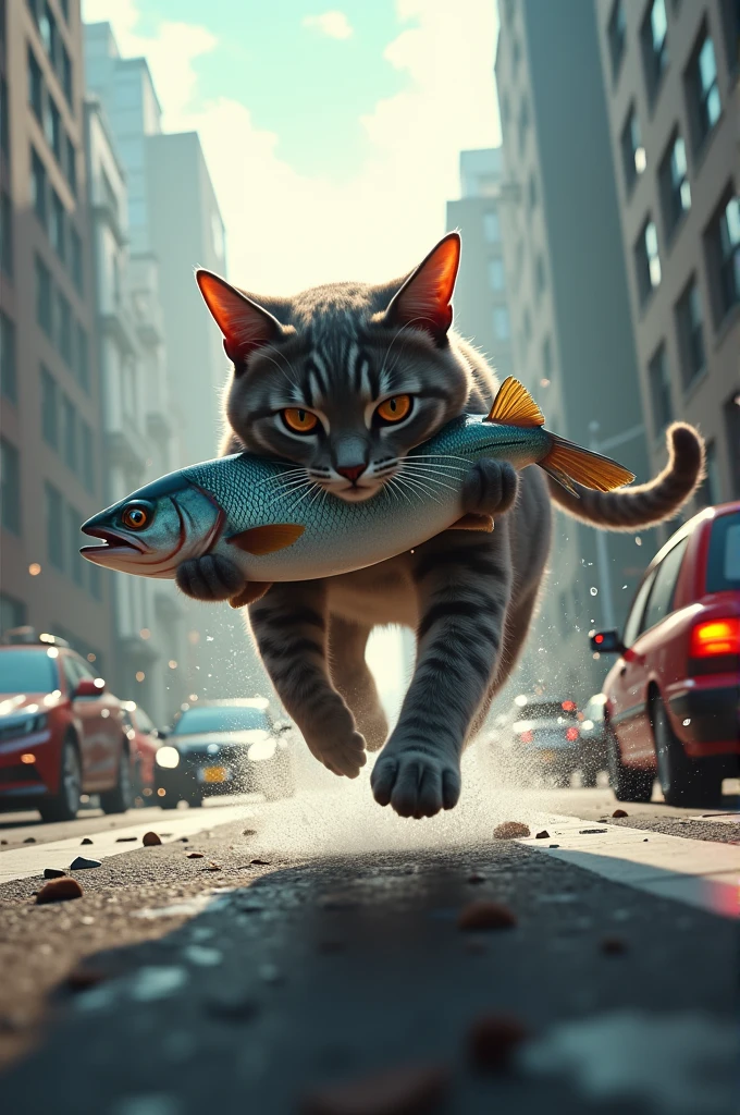 A Cat running on road with catching fish in mouth