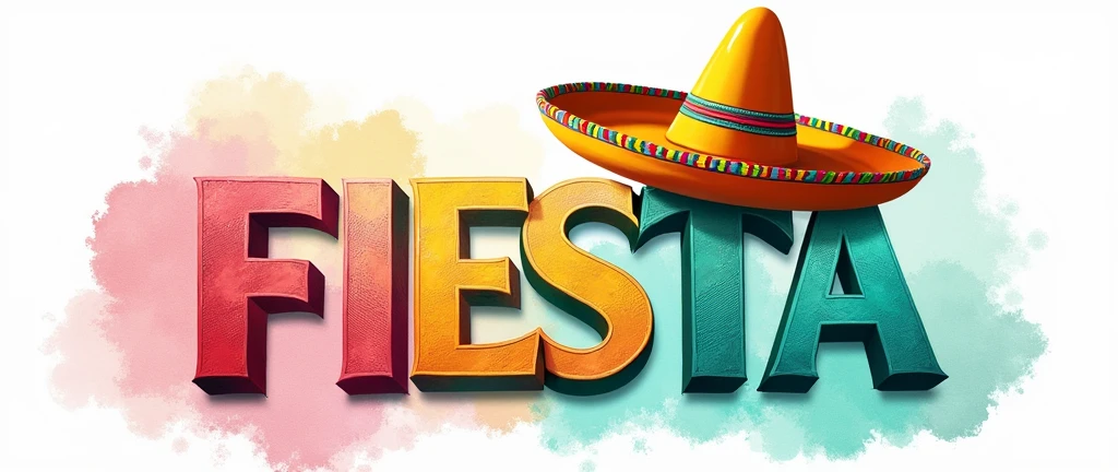 banner with the background colour in watercolours teal, pink and yellow, the word "Fiesta" in bold in the forefront of the poster with a sombrero at the end of the word on top the last letter of the word, the writing must also incorporate the colours teal pink and yellow