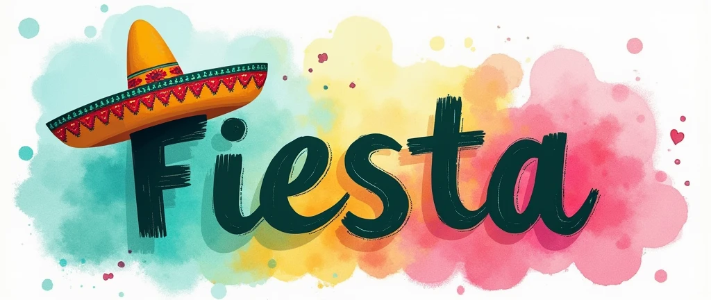 banner with the background colour in watercolours teal, pink and yellow, the word "Fiesta" in bold in the forefront of the poster with a sombrero at the end of the word on top the last letter of the word, the writing must also incorporate the colours teal pink and yellow