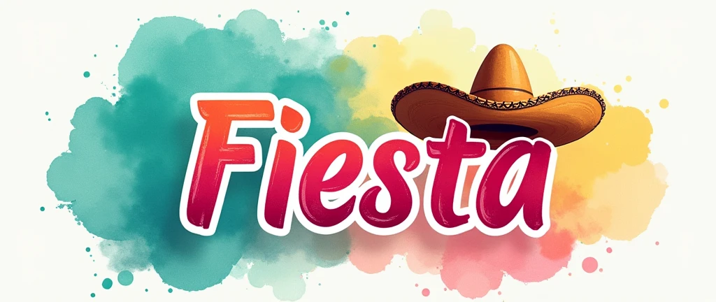 banner with the background colour in watercolours teal, pink and yellow, the word "Fiesta" in bold in the forefront of the poster with a sombrero at the end of the word on top the last letter of the word, the writing must also incorporate the colours teal pink and yellow