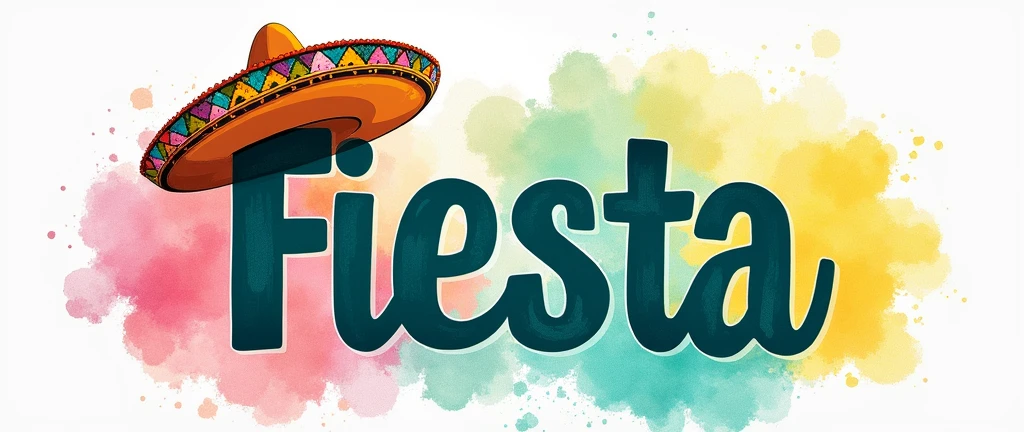 banner with the background colour in watercolours teal, pink and yellow, the word "Fiesta" in bold in the forefront of the poster with a sombrero at the end of the word on top the last letter of the word, the writing must also incorporate the colours teal pink and yellow