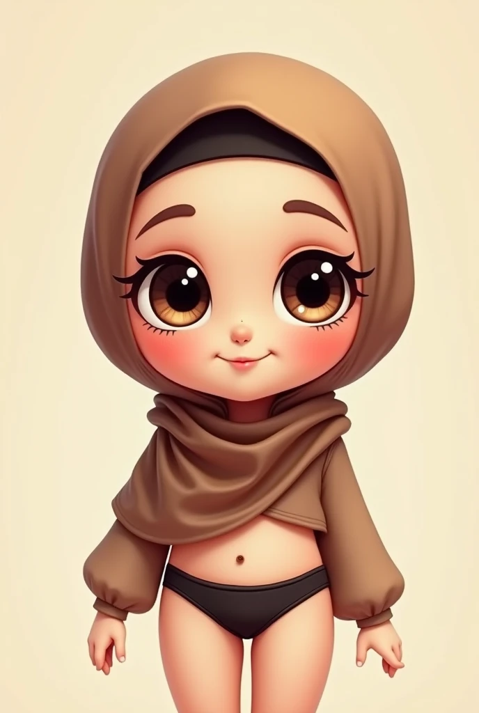 Cartoon with text: 
(masterpiece, best quality, 4k, expressive eyes, perfect face), Cute and adorable face, big detailed eyes, Cute little cartoon girl, with brown hijab on, black bikini 