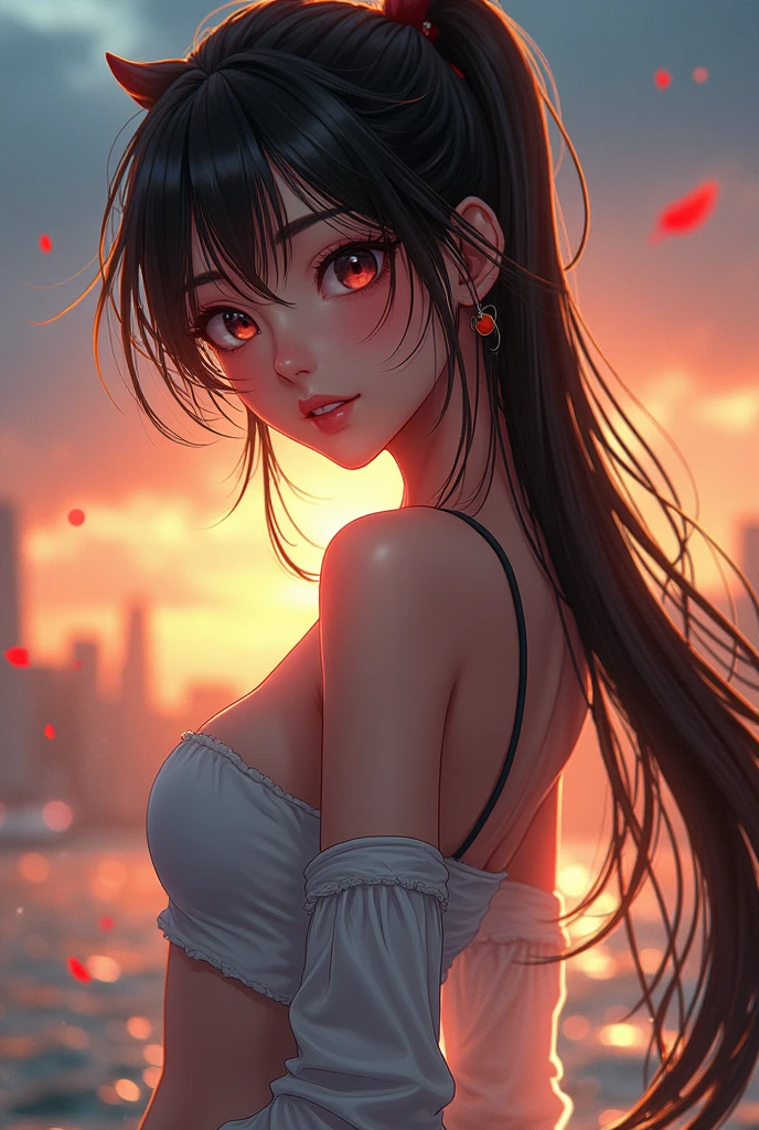 masterpiece, Best Quality, HuTaoV4, 1 girl, Alone, blush, a tail, by the wide, hair between the eyes, ((wet shirt)), city, outdoor, evening, movie poster, 8k extremadamente detallado, seeds, High resolution, ultra quality, cinematic lighting, ambient occlusion, High Definition, 2k, 4k, 8k, 16k, extremely detailed anime, Detailed faces, perfect composition, plano general, atmospheric lighting, very sexy, lift skirt, random lower back angle, uncensored, NSFW, uncensored