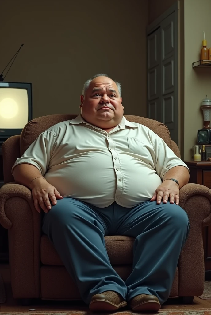 Super realistic 80s image of a fat man, bald on top of the head,with little hair on the sides,eyes large, wearing blue pants,with a white shirt,sitting on his brown sofa watching television in the living room