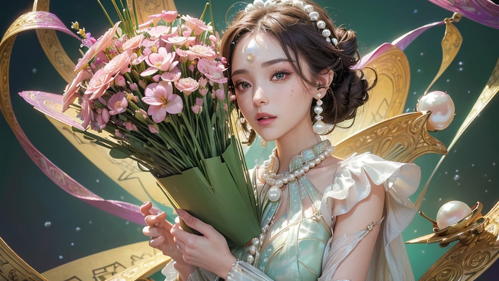 32K, 最高quality, 最高masterpiece, (ultra-Detailed Background, Detailed Background), High resolution, Super detailed, Very detailedな, 1 personの, (bouquet:1.3), (Tangled:1.2), (Geometric:1.2),(colorful),(masterpiece, quality, best quality, Official Art, Beautiful and beautiful:1.2), (1 person:1.3), Very detailed,(colorful:1.1)(Flowers:1.3),Most detailed,(Tangled:1.2), whole body, (Abstract background:1.3), (Skin glows), (Many colors:1.4), ,(Earrings Pearl:1.5), Light green background, It's imaginative., Brunette Hair, Updo, Holding a book, Holding a pen, Satin shirt
