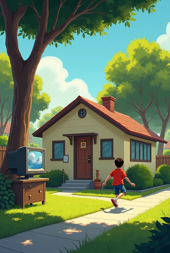 Wide shot of a boy playing outside of his house. He heard his favourite show on the tv