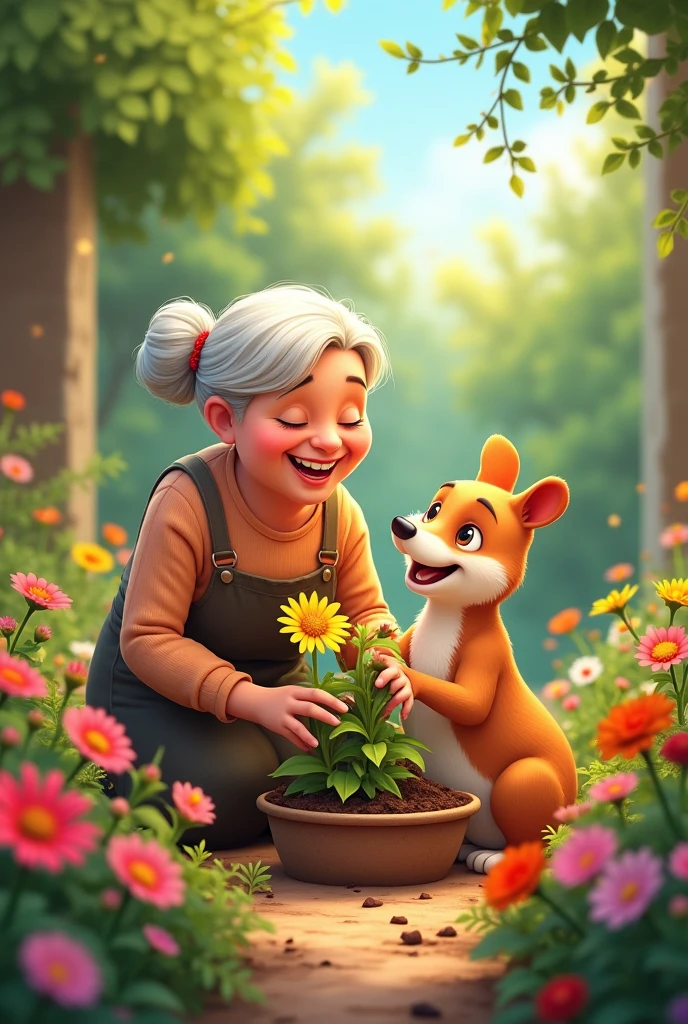 An elderly woman with kind eyes, wearing a gardening apron, tending to her garden with a by her side. They are both smiling and laughing, surrounded by blooming flowers.
* Style: Warm, nostalgic, and heartwarming.I am animated characters