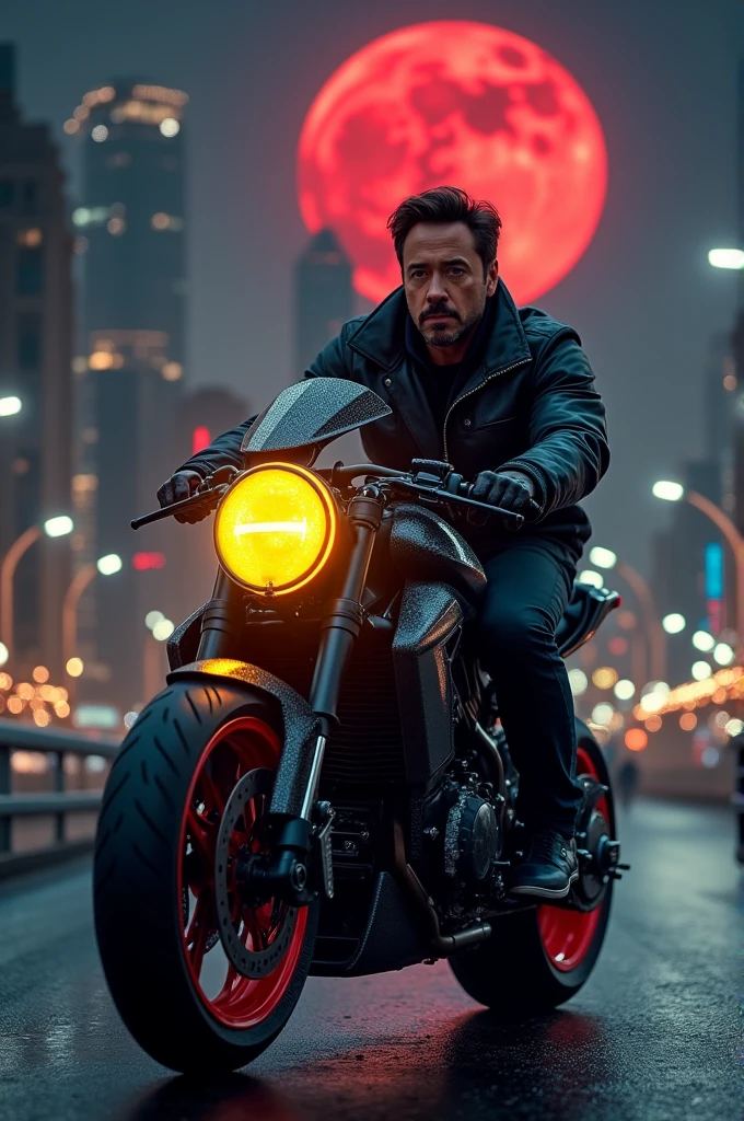 Robert Downey Jr riding thar ,black colour, yellow front light, 4k quality, illuminate logo on bonet, red colour rim of tires with black lines, night, place Dubai, light reddish half moon, show face clearly,