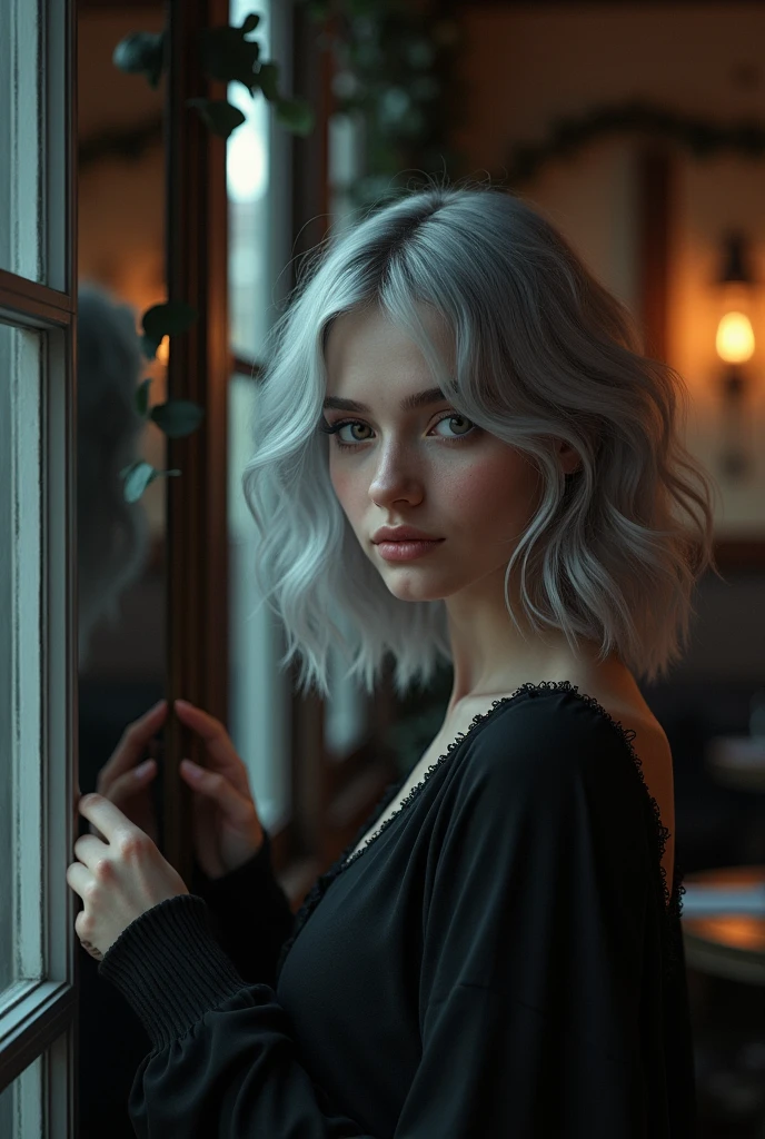 Russian girl is beautiful, light gray hair, takes a photo in a mirror against the backdrop of a restaurant, Garlands, dark atmosphere, full length