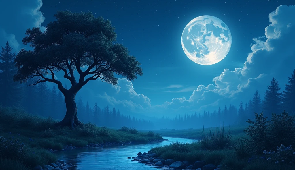 Animation Moon Night Stream Big Tree 4k