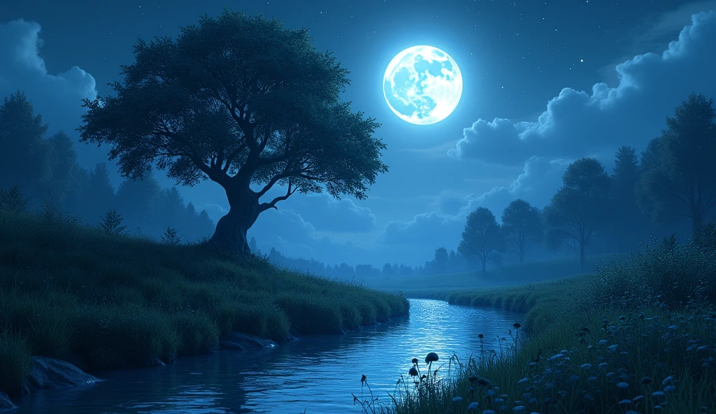 Animation Moon Night Stream Big Tree 4k