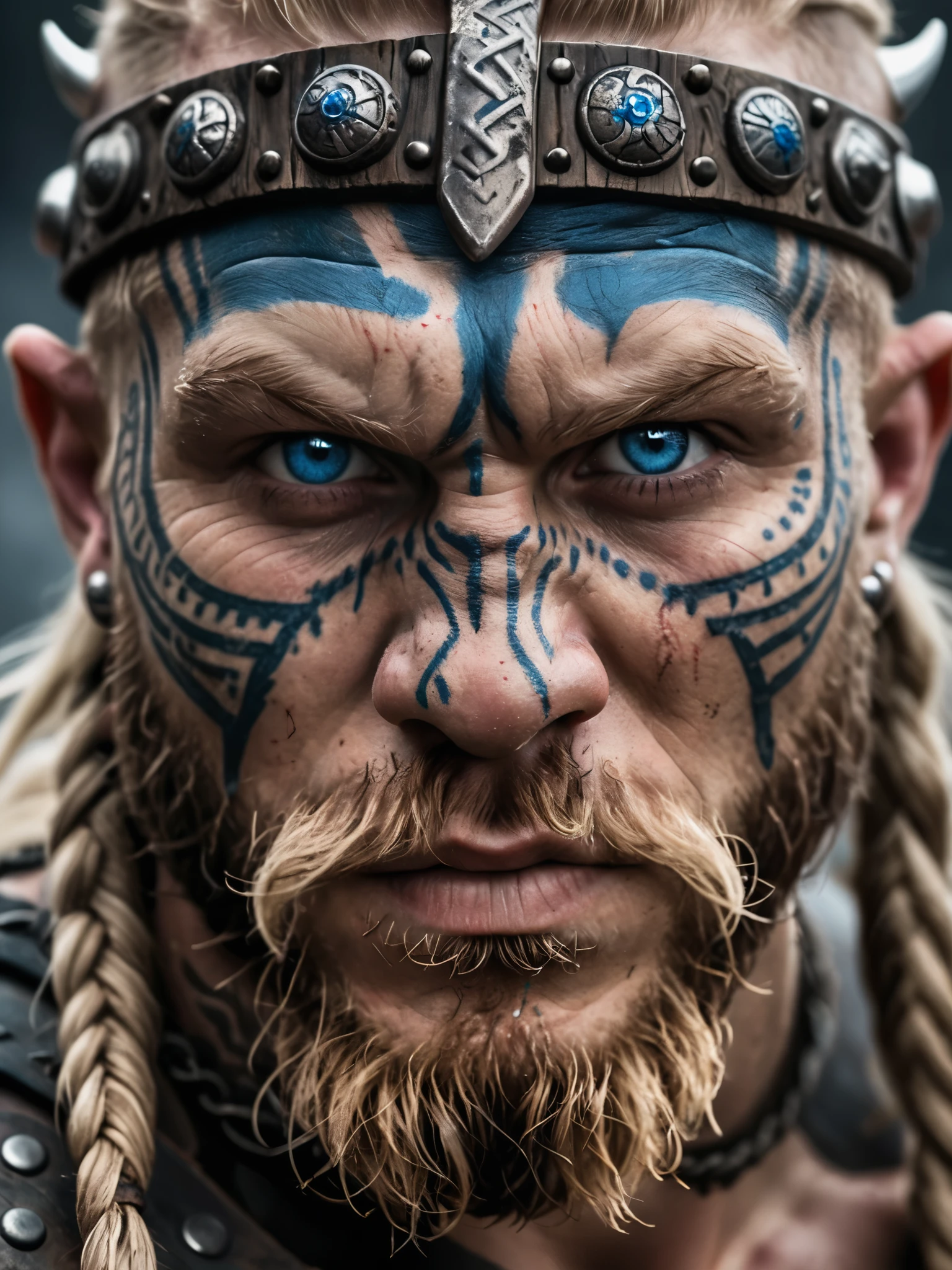 Close-up of a battle-hardened Viking berserker, weathered face adorned with intricate Nordic tattoos, scars earned in countless conflicts tell stories of victories and defeats, piercing blue eyes reflecting the fierceness of a warrior, 100mm f/2.8 macro lens capturing the grit and determination, gritty authenticity, 8K resolution