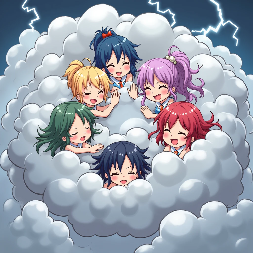 An anime-style illustration depicting many kaminari-girls playfully wrestling with each other inside a gray comical fight cloud (thunder cloud).
each kaminari-girl has different colored hair.
their faces,hands,and feet are visible emerging from the cloud as they tussle humorously, with the rest of their bodies completely hidden inside the cloud.
the illustration emphasizes the humorous and energetic nature of their scuffle,with a fluffy and exaggerated fight cloud.