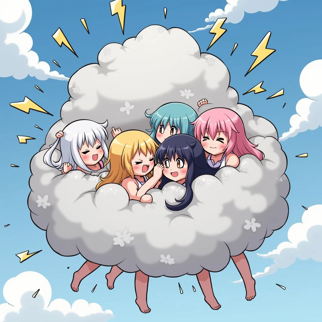 An anime-style illustration depicting many kaminari-girls playfully wrestling with each other inside a gray comical fight cloud (thunder cloud).
each kaminari-girl has different colored hair.
their faces,hands,and feet are visible emerging from the cloud as they tussle humorously, with the rest of their bodies completely hidden inside the cloud.
the illustration emphasizes the humorous and energetic nature of their scuffle,with a fluffy and exaggerated fight cloud.