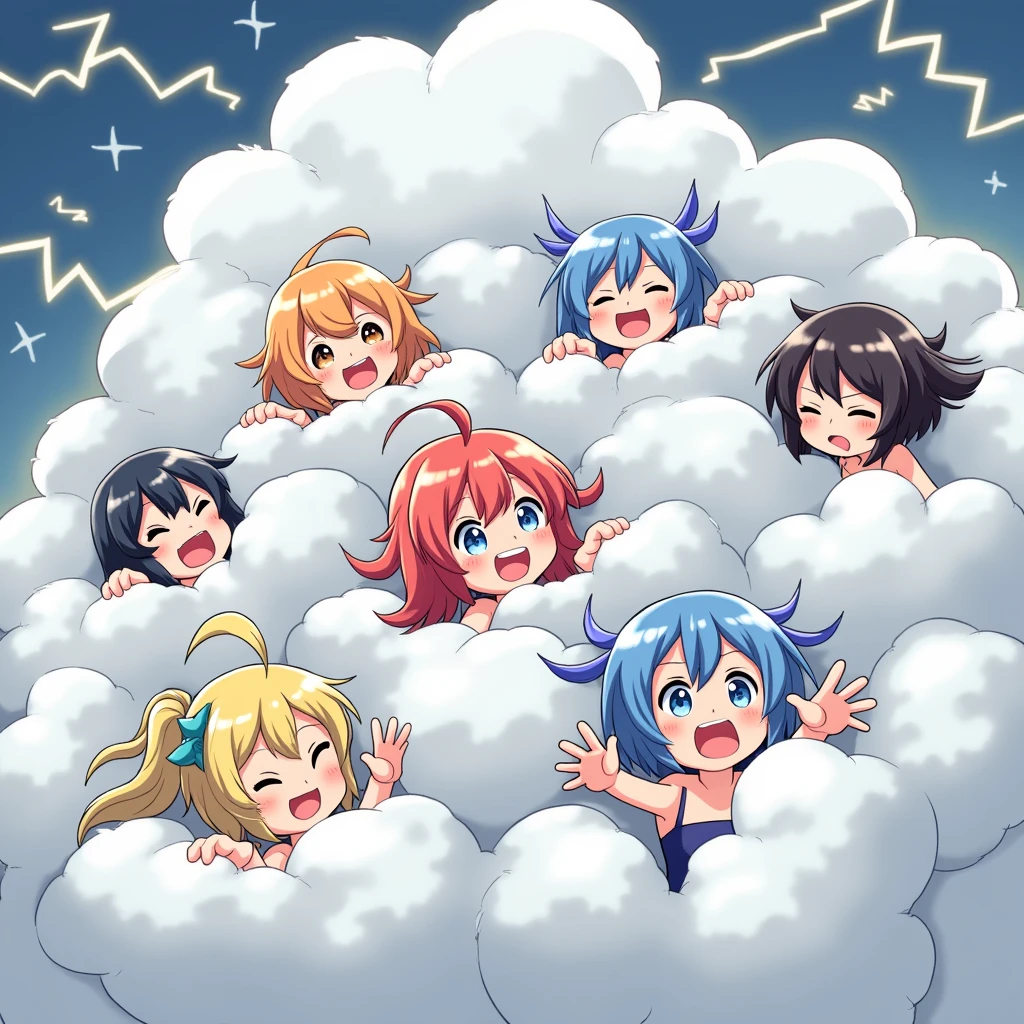 An anime-style illustration depicting many kaminari-girls playfully wrestling with each other inside a gray comical fight cloud (thunder cloud).
each kaminari-girl has different colored hair.
their faces,hands,and feet are visible emerging from the cloud as they tussle humorously, with the rest of their bodies completely hidden inside the cloud.
the illustration emphasizes the humorous and energetic nature of their scuffle,with a fluffy and exaggerated fight cloud.