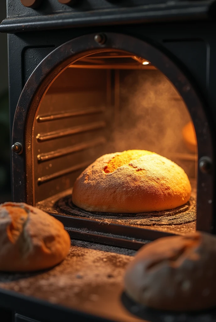 "Bread baking in the oven, no people present, focus on the oven, with the bread rising."