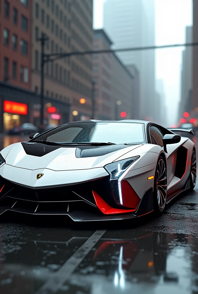 4 White and grey and black and red lemborghini svj with chrome wheels in new york city rainy weather