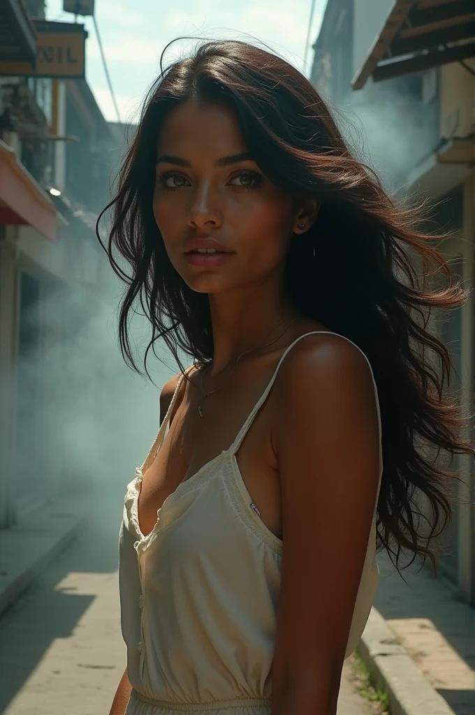 A photorealistic , of a 2 woman colombiana with flowing dark hair and green eyes, very beautiful, with a small nose and full lips. tanned skin. .marchant dans une rue de Medellin ,comuna 13 , Colombie mains réalistes. La fumée et les nuages tourbillonnent autour d'elle, adDeng to the sense of epic scale and drama. L&#39;éclairage est sombre, sombre, et réaliste, créer une atmosphère tendue et inquiétante. La perspective est d&#39;en bas, soulignant la majesté et la puissance d'une géante imposante. (culotte blanche visible)