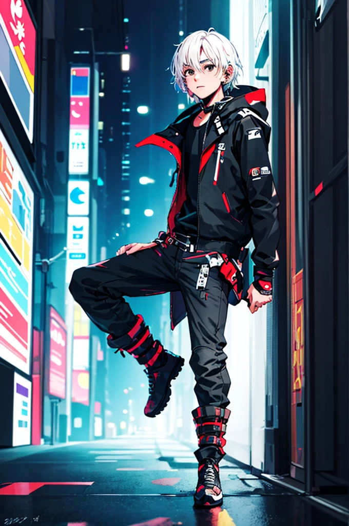 ((masterpiece)), (((best quality))), chromatic lighting,
colorized, white + black limited color palette,
detailed concept drawing, no weird object on his face, cyberpunk, futuristic, combat pants,
portrait, 25yo 1guy, slender, Shibuya street fashion, short white hair, black eyes, full body(head to toe)