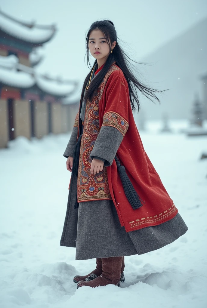 Tibetten cute girl, Tibetan snow ， 2000，White smoke， Full of movement，hasselblad， National Geographic photo， Semi-body shot, high-quality photo，Full body photo，Lower body，Wearing shoes，20-year-old Tibetan girl，Wearing shoes，Wearing shoes，tibetan服饰，tibetan衣服，tibetan