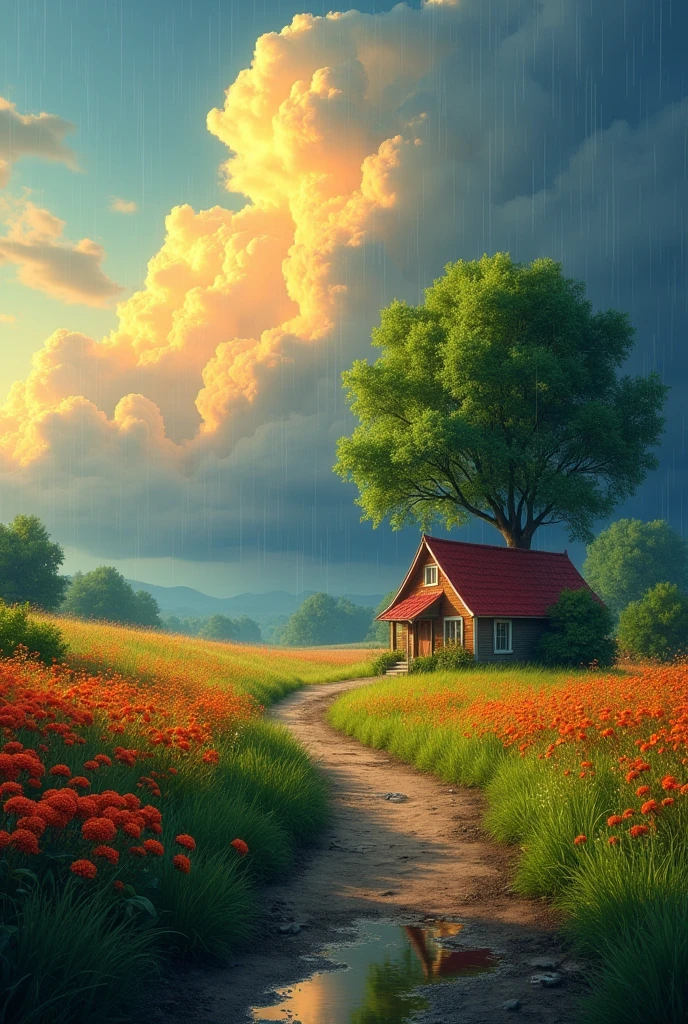 Create a landscape of a serene countryside scene during a gentle summer rain. A cozy cottage with a red roof is nestled near a large, lush green tree. The sky is filled with dramatic, billowing clouds in vibrant shades of orange and yellow, illuminated by sunlight breaking through, creating a striking contrast with the dark blue rain clouds. A narrow, winding path leads to the cottage, bordered by wildflowers in bright red and orange hues, and rich green grass. Small puddles form from the rain along the path. The overall atmosphere is peaceful and picturesque, with a harmonious blend of nature and tranquility, depicted in highly saturated colors to enhance the vividness and charm of the landscape.