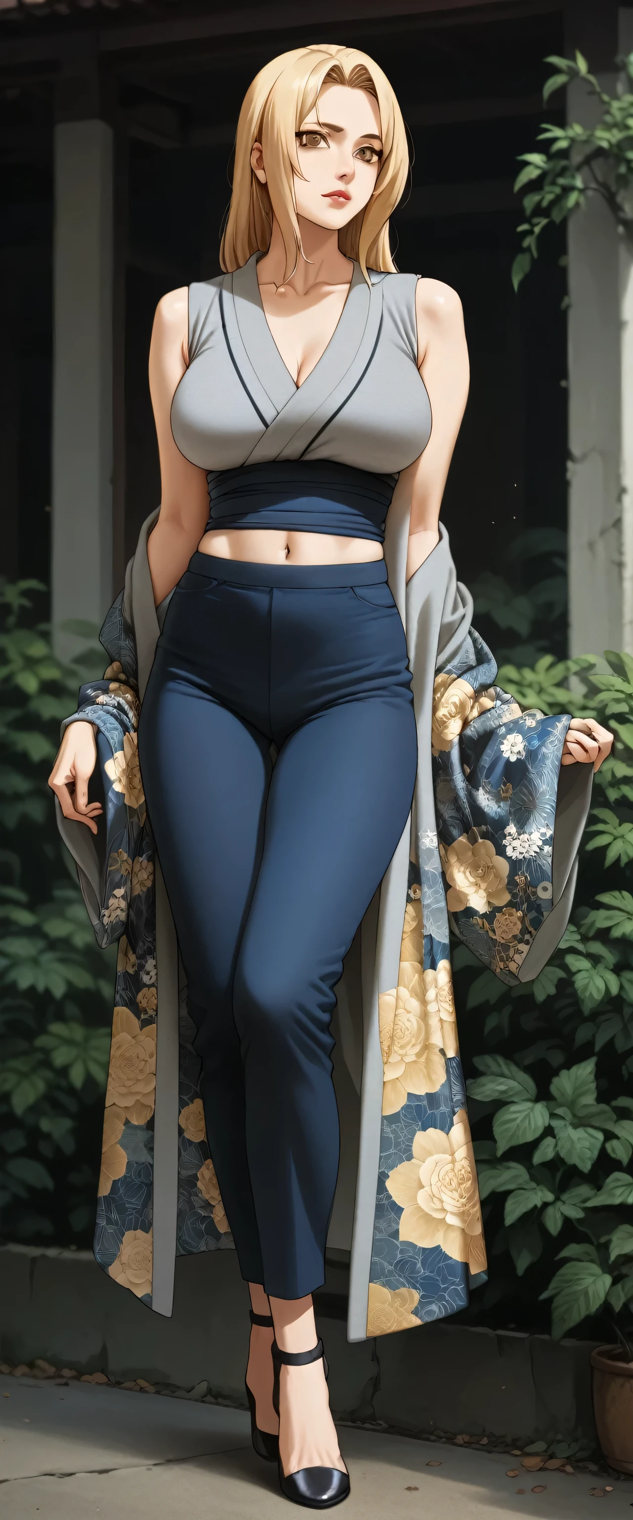 A sexy beautiful girl with big breasts, long yellow hair, brown eyes, a gray sleeveless kimono, shows her breasts, shows her navel, and dark blue pants with black heels