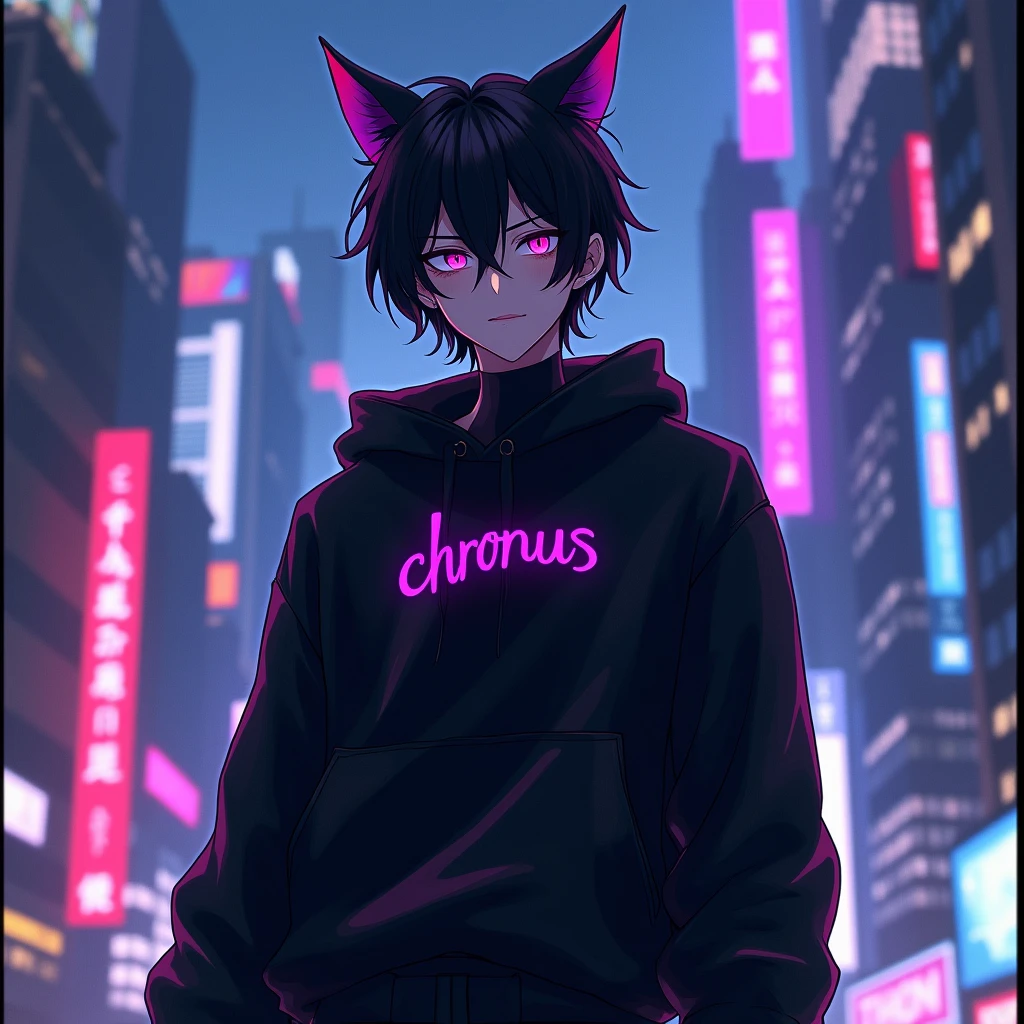 anime man wearing black aesthetic outfit with cat ears and with a purple text "chronus" on his clothes, in citylights background