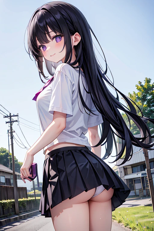 Elementary school girl, , Large Breasts, Black Hair, Long Hair, Purple eyes, smile(One person) Plain white T-shirt Black mini skirt and white panties((I can see her panties))White socks sneakers Rural Scenery walk Dynamic angle Low angle