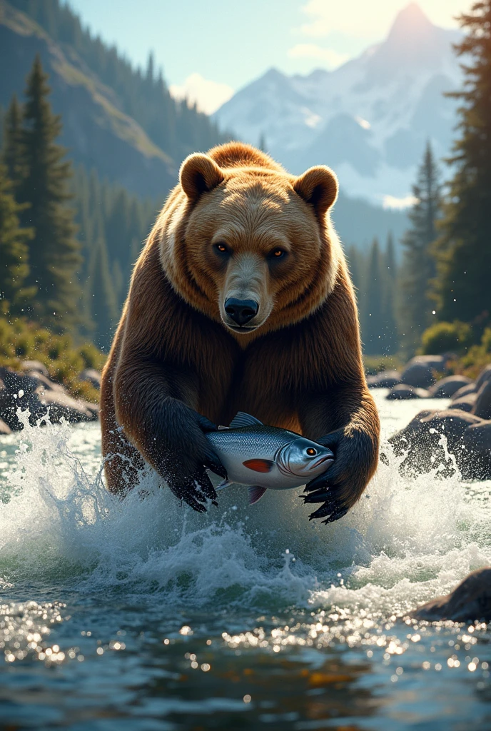 powerful brown bear, standing, in a rushing river, catching a fish with its strong jaws. 
The water splashes, around as the brown bear, secures its catch, with the surrounding, forest and mountains visible in the background. The scene is filled with the raw energy of nature, as sunlight filters through the trees, highlighting the bear's fur and the silvery scales of the fish.