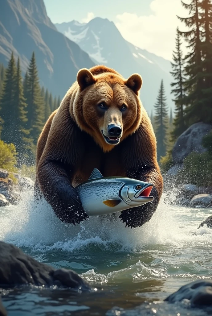 powerful brown bear, standing, in a rushing river, catching a fish with its strong jaws.
The water splashes, around as the brown bear, secures its catch, with the surrounding, forest and mountains visible in the background. The scene is filled with the raw energy of nature, as sunlight filters through the trees, highlighting the bear's fur and the silvery scales of the fish.