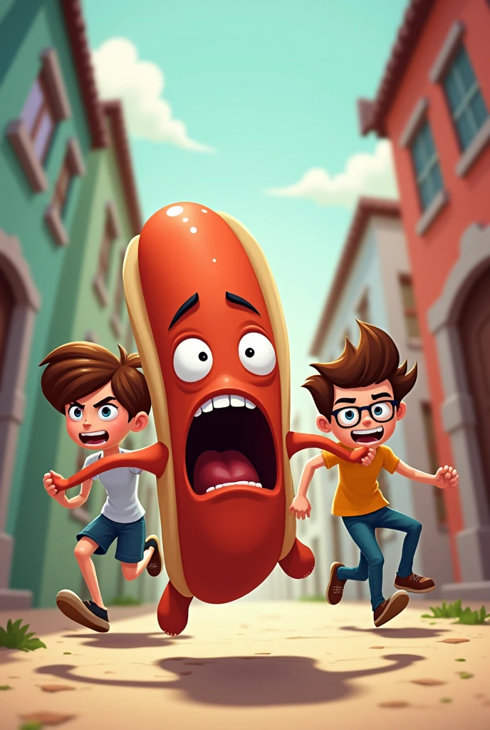 Un saucisson avec un visage effrayé qui se fait poursuivre par une adolescente brune avec des lunettes et un adolescent brun sans lunettes