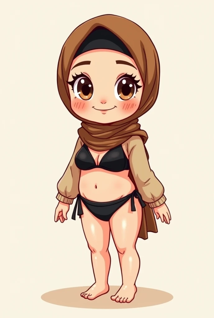 Cartoon with text: 
Cute and adorable face, big detailed eyes, Cute little cartoon girl, with brown hijab on, black bikini, full body view, standing straight 