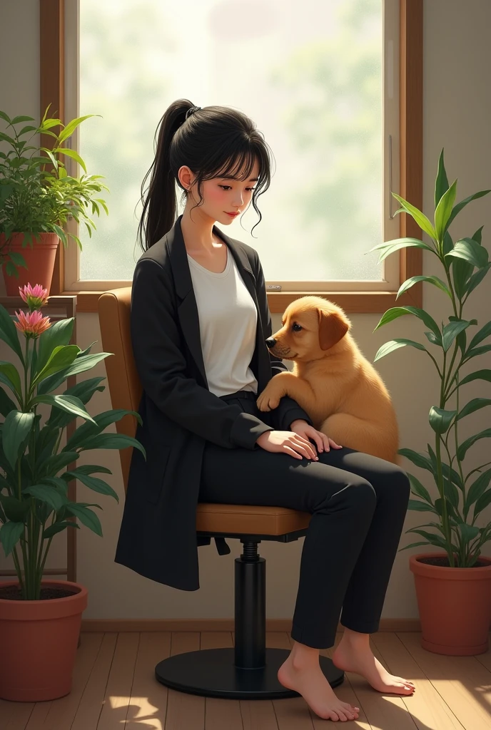 Pure 23 years nepali girl, round face ,broad lip medium body size sitting on revolving chair, wearing white looking forward shirt,black coat and pant, long pony black hair, golden colour puppy near the girl,flowers on pot at both side ,near window