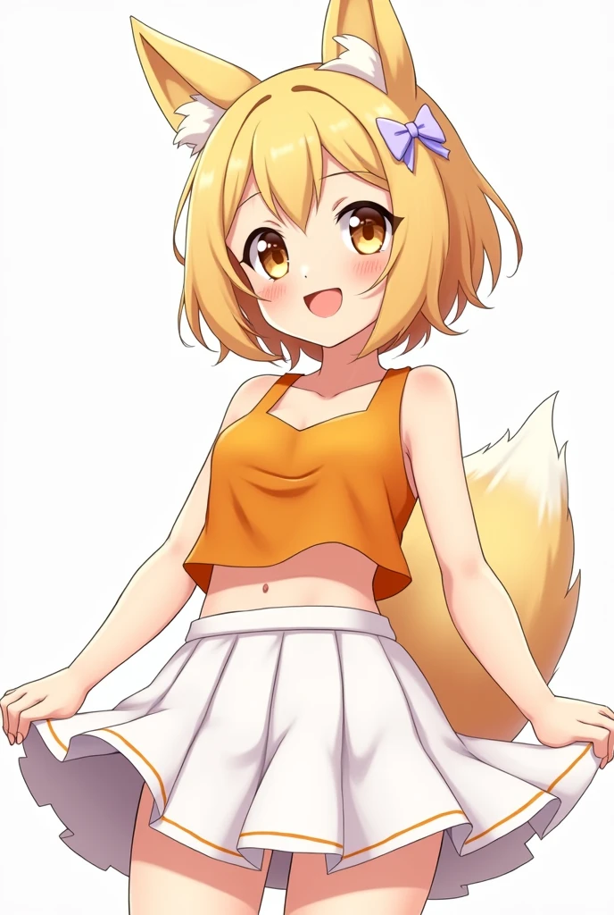 anime girl have a smiley face with a fox ear wearing an orange crop top white short skirt and full body no background