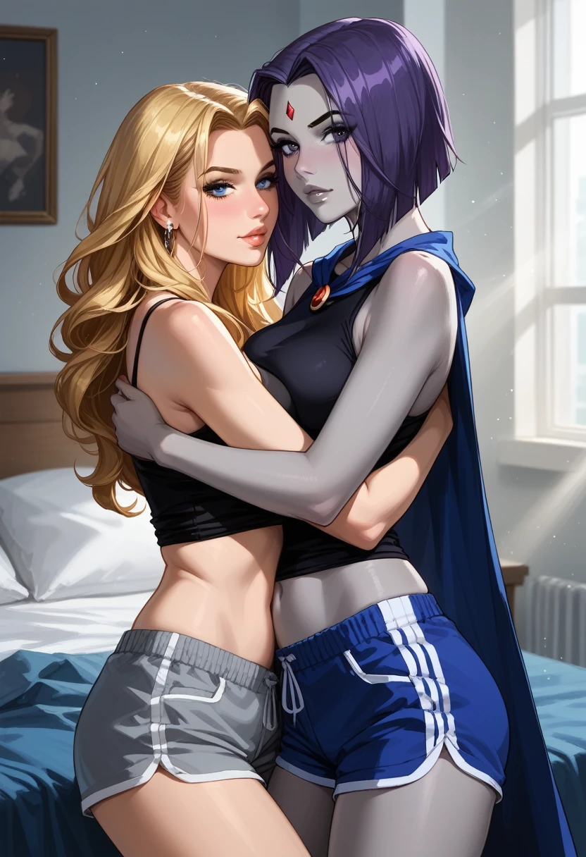 score_9, score_8_up, score_7_up, score_6_up, source_cartoon, adult women, (2women), duo, BREAK adult, (Raven, grey skin:1.5), BREAK adult, (Terra_Markov from Teen Titans, blonde, long flowing hair:1.4), BREAK (bedroom, embracing, sexy tight pajama shorts and tank topss:1.3), BREAK shallow depth of field, highly detailed, bokeh, moody, epic, gorgeous, grainy, BREAK (ultra-detailed), (best illustration), (best shadow), (absurdres), BREAK (detailed background), (very aesthetic).