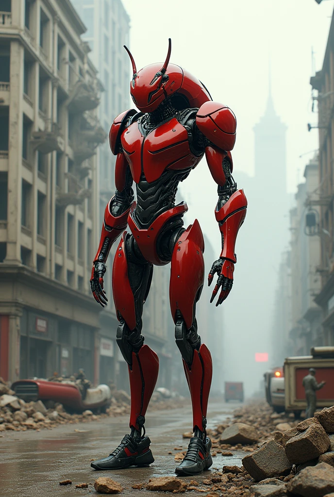 Robot Red ent like human with background like destroyed city