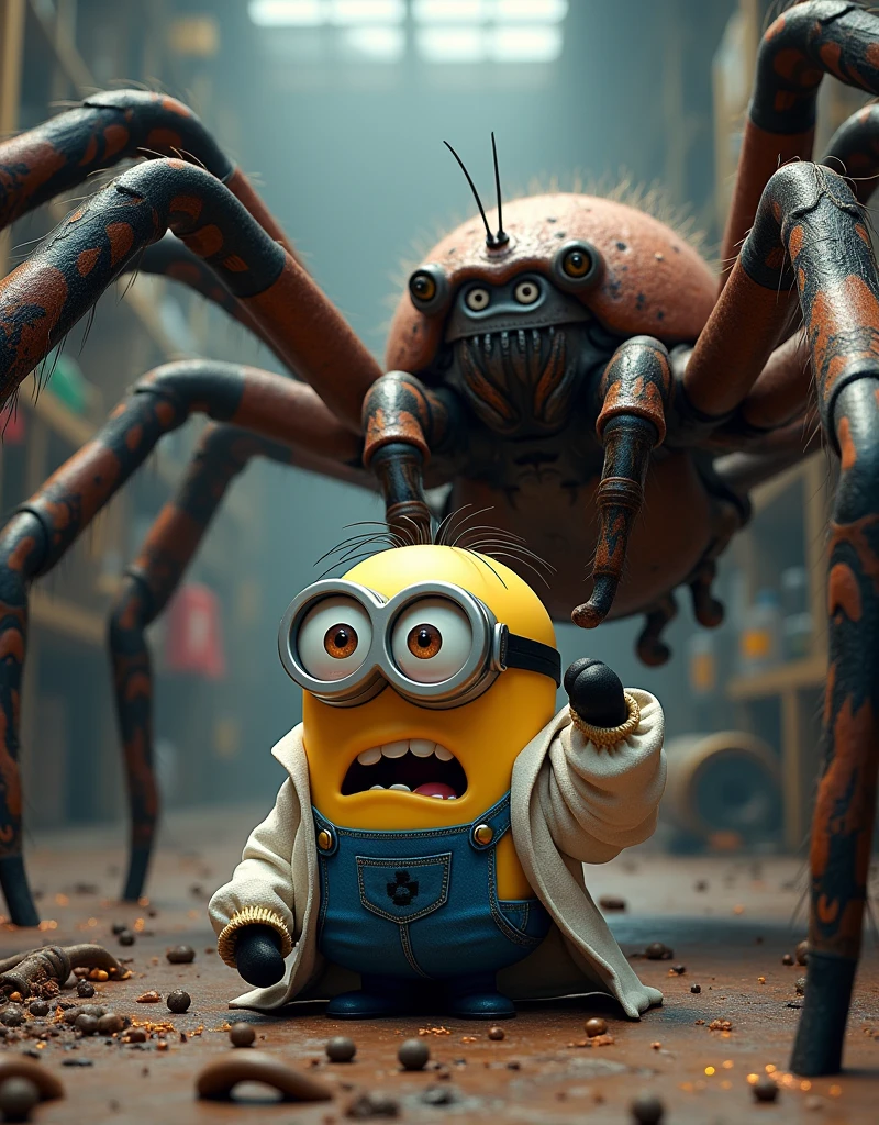 Minion Kevin nhà khoa học. under attack by giant spiders. giant spider crushed his leg 