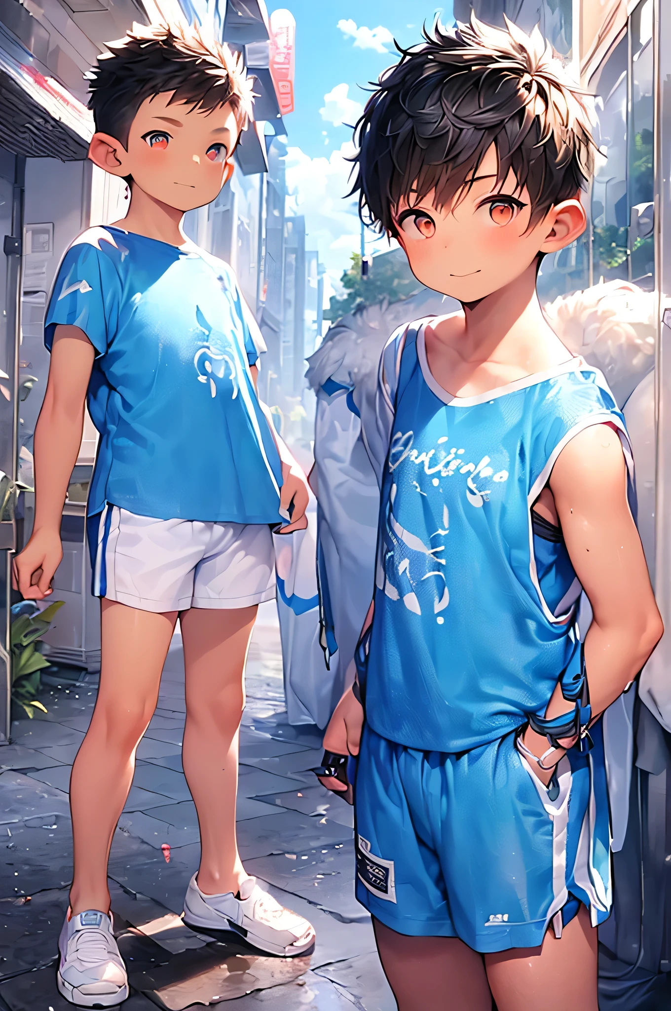 (Shota:1.5),(((Highest quality))),(((masterpiece))),(((Very detailed))),(((High resolution))),One person,Short sleeveTshirt,Short shorts,White socks,Blue sneakers,Cheerful boy,Japanese,Buzz Cut,(((Spiked Hair))),Black Hair,(Point pupils),Skinny body,Baby Face,smile
