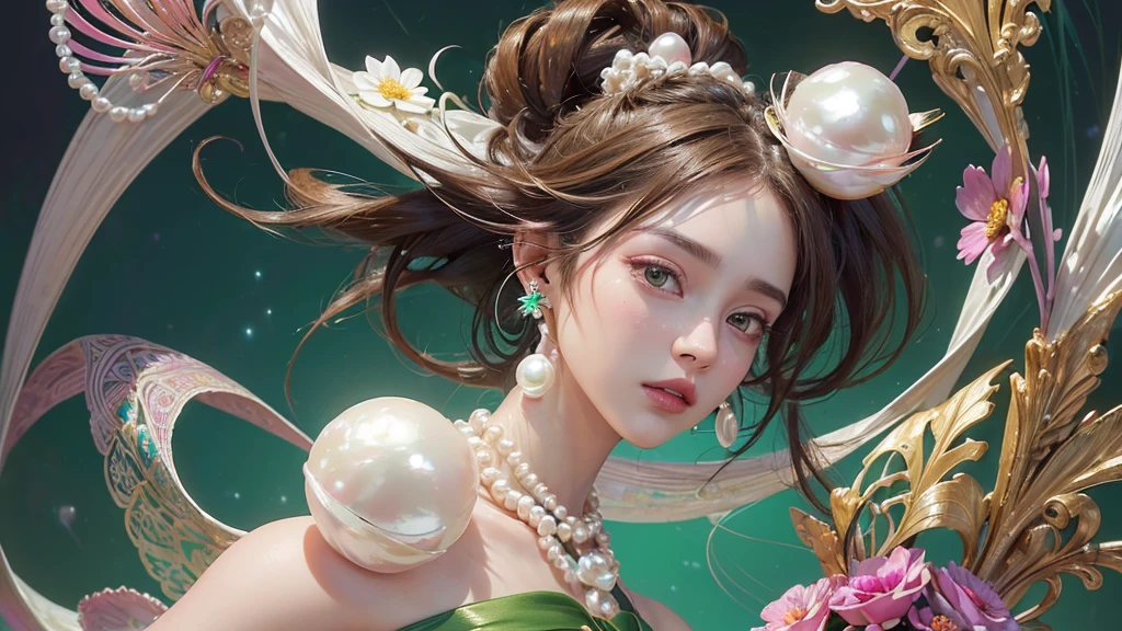 32K, 最高quality, 最高masterpiece, (ultra-Detailed Background, Detailed Background), High resolution, Super detailed, Very detailedな, 1 personの, (bouquet:1.3), (Tangled:1.2), (Geometric:1.2),(colorful),(masterpiece, quality, best quality, Official Art, Beautiful and beautiful:1.2), (1 person:1.3), Very detailed,(colorful:1.1)(Flowers:1.3),Most detailed,(Tangled:1.2), whole body, (Abstract background:1.3), (Skin glows), (Many colors:1.4), ,(Earrings Pearl:1.5), Light green background, It's imaginative., Brunette Hair, Updo, Holding a book, Holding a pen, Satin shirt
